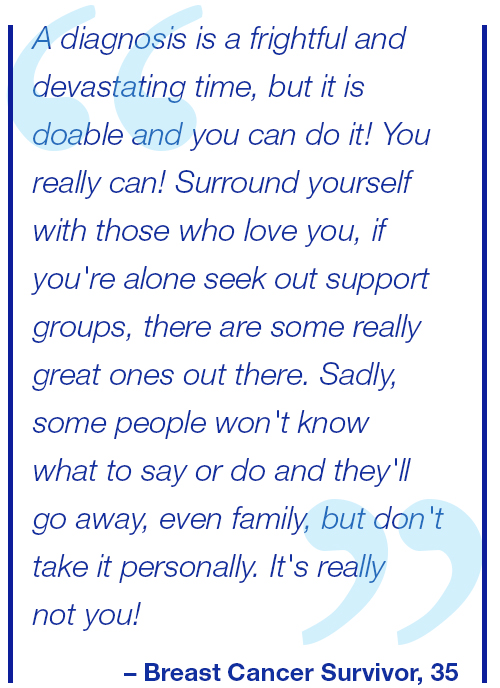 A diagnosis is a frightful and devastating time, but it is doable and you can do it! You really can! Surround yourself with those who love you, if you're alone seek out support groups, there are some really great ones out there. Sadly, some people won't know what to say or do and they'll go away, even family, but don't take it personally. It's really not you! Breast Cancer Survivor, 35